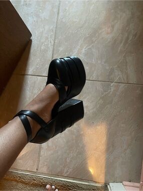 Women's Black Platform Block Heel Sandals with Ankle Straps